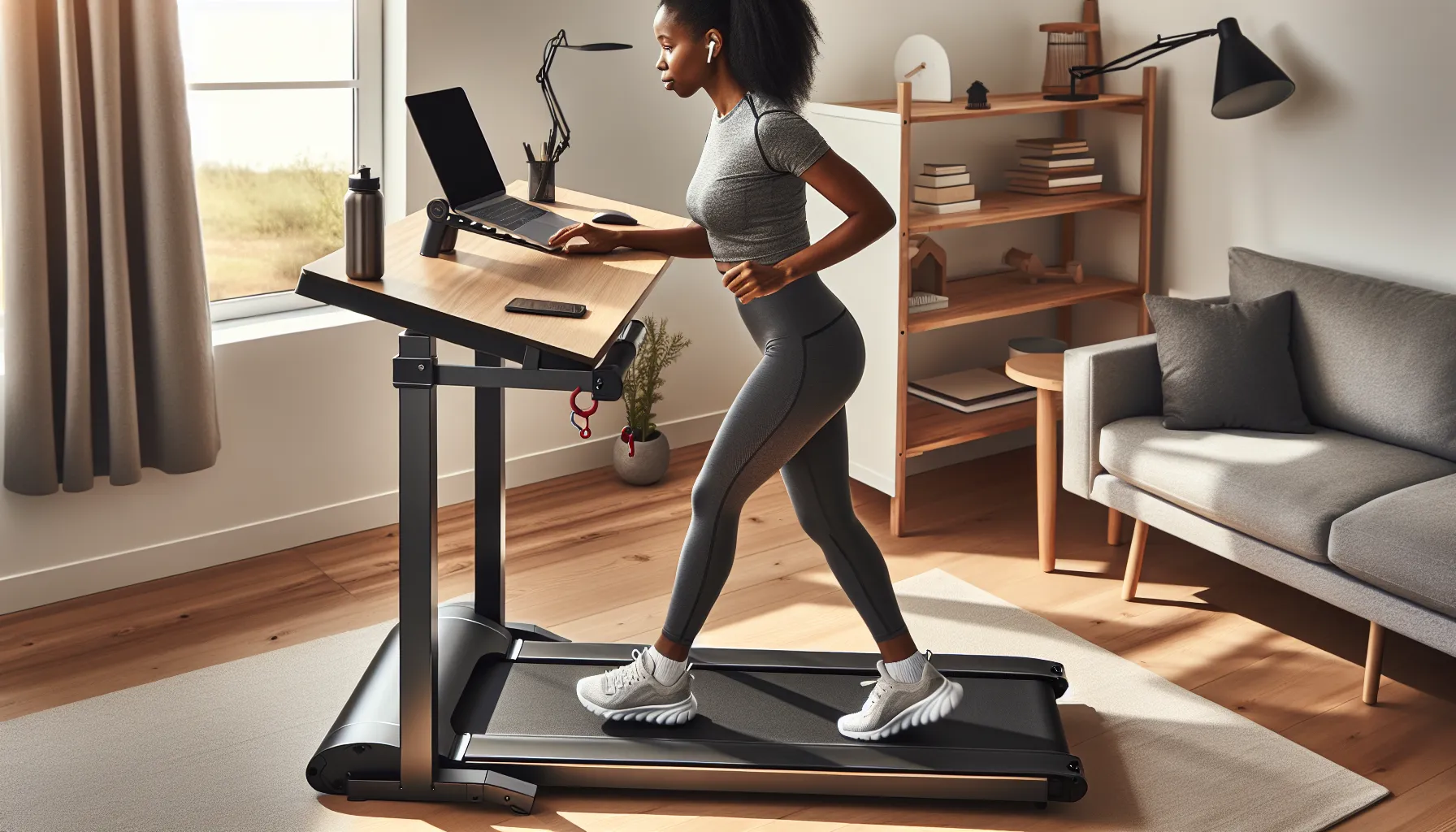 Woman using a folding treadmill desk in a bright home office.