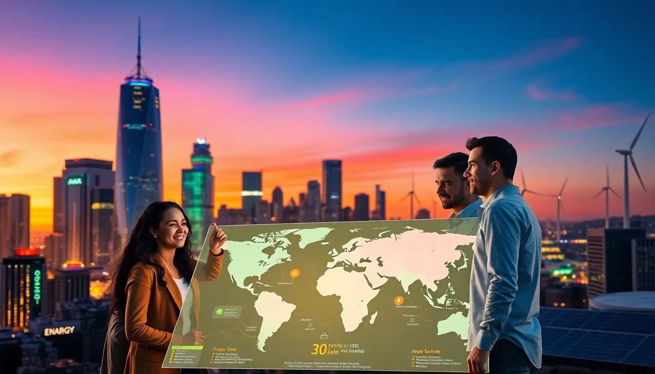 professionals discussing energy innovations in a modern American city at dusk.