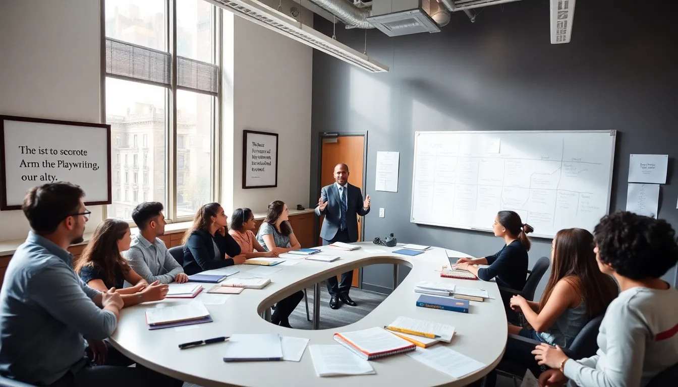 diverse students engaged in a playwriting workshop at Juilliard.