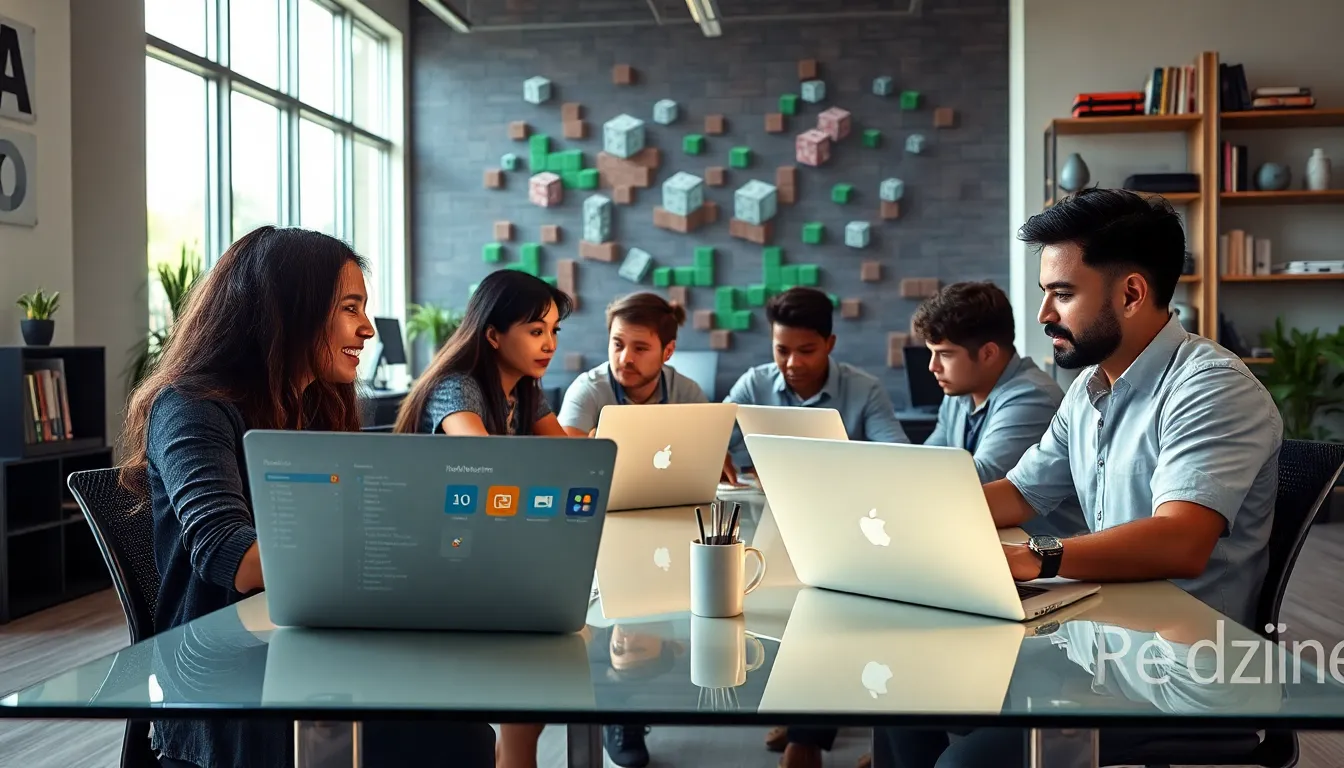 diverse group of players collaborating in a vibrant Minecraft-themed workspace.