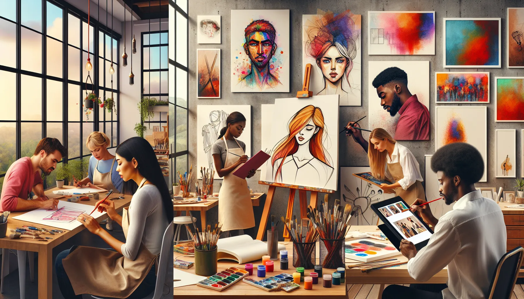 diverse artists creating Khatrimazafull art in a bright studio.