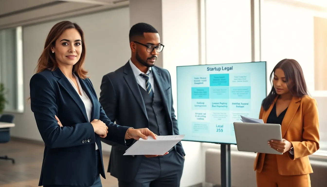 diverse lawyers discussing legal support for startups in a modern office.