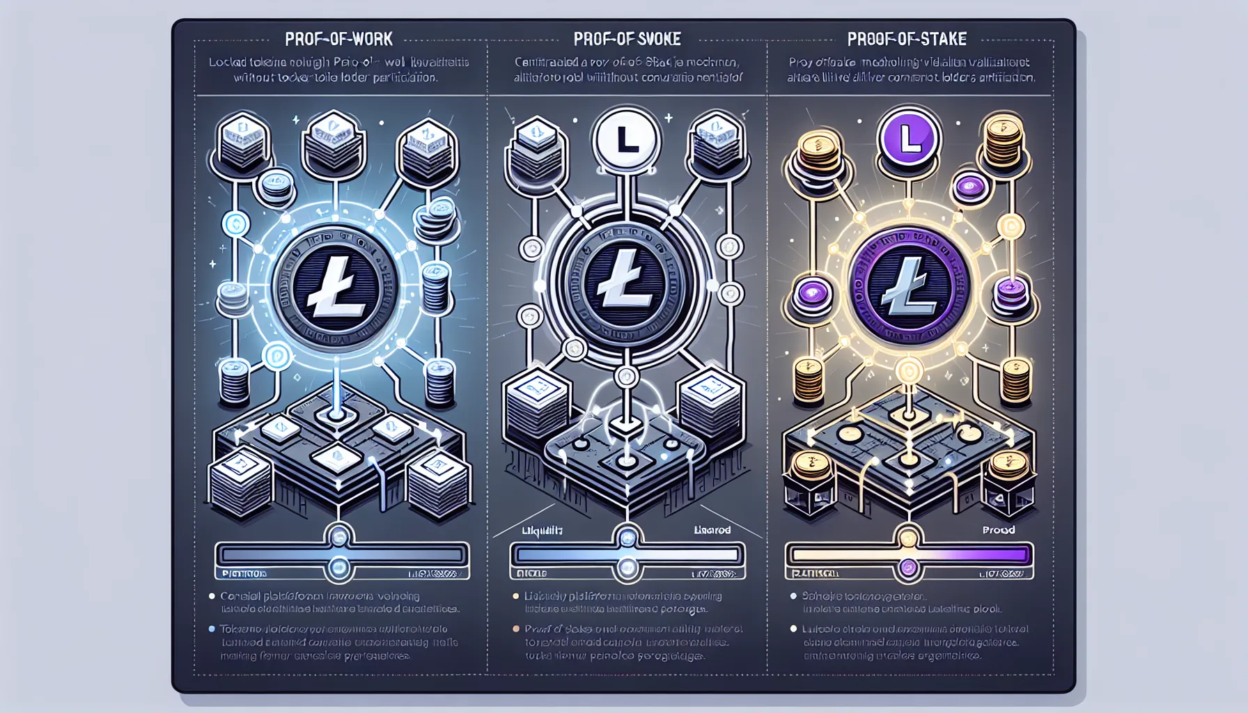 Three-panel infographic comparing Litecoin's Proof-of-Work system with Proof-of-Stake and alternative yield methods.