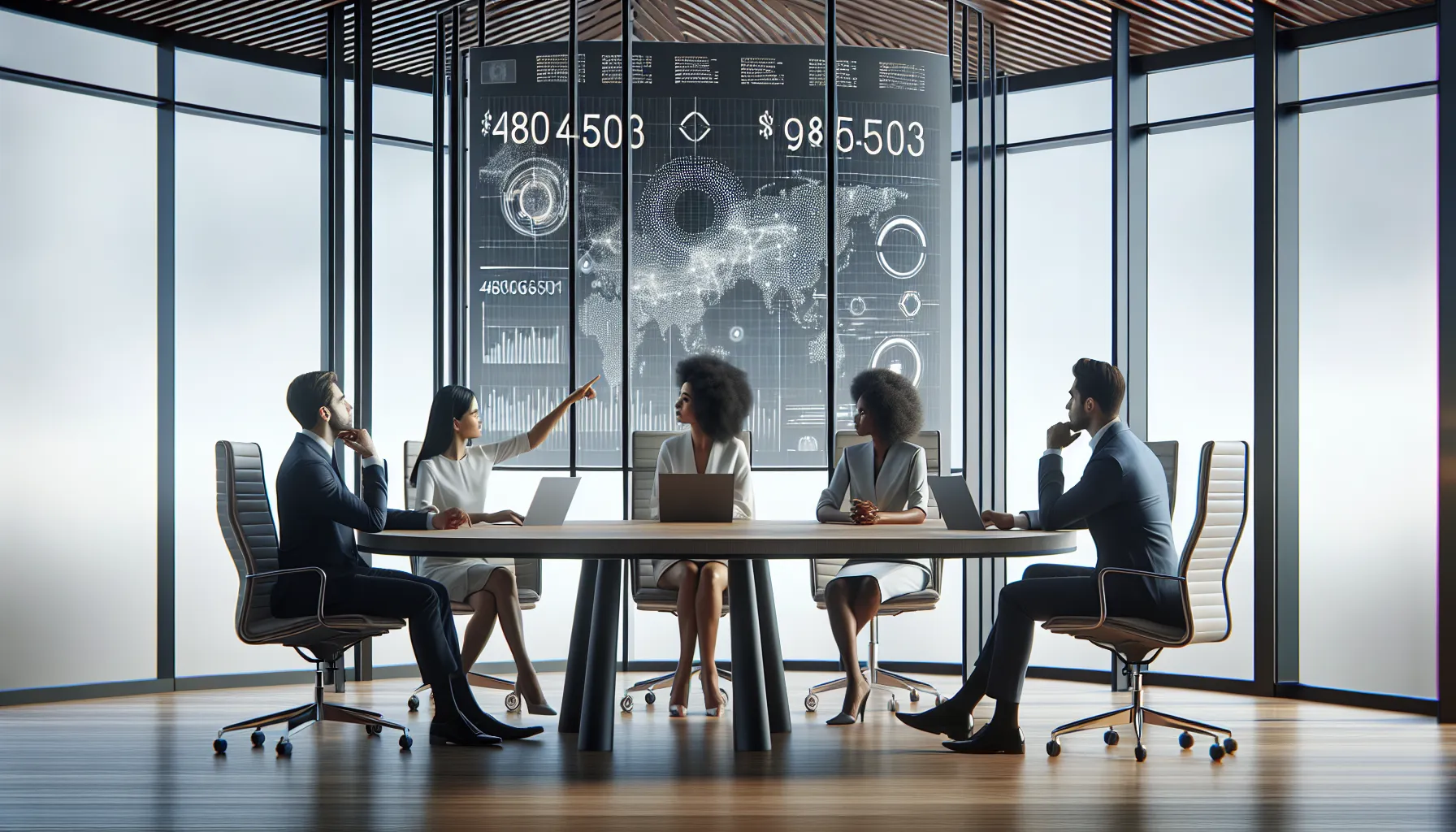 diverse professionals discussing data visualization in a modern office.