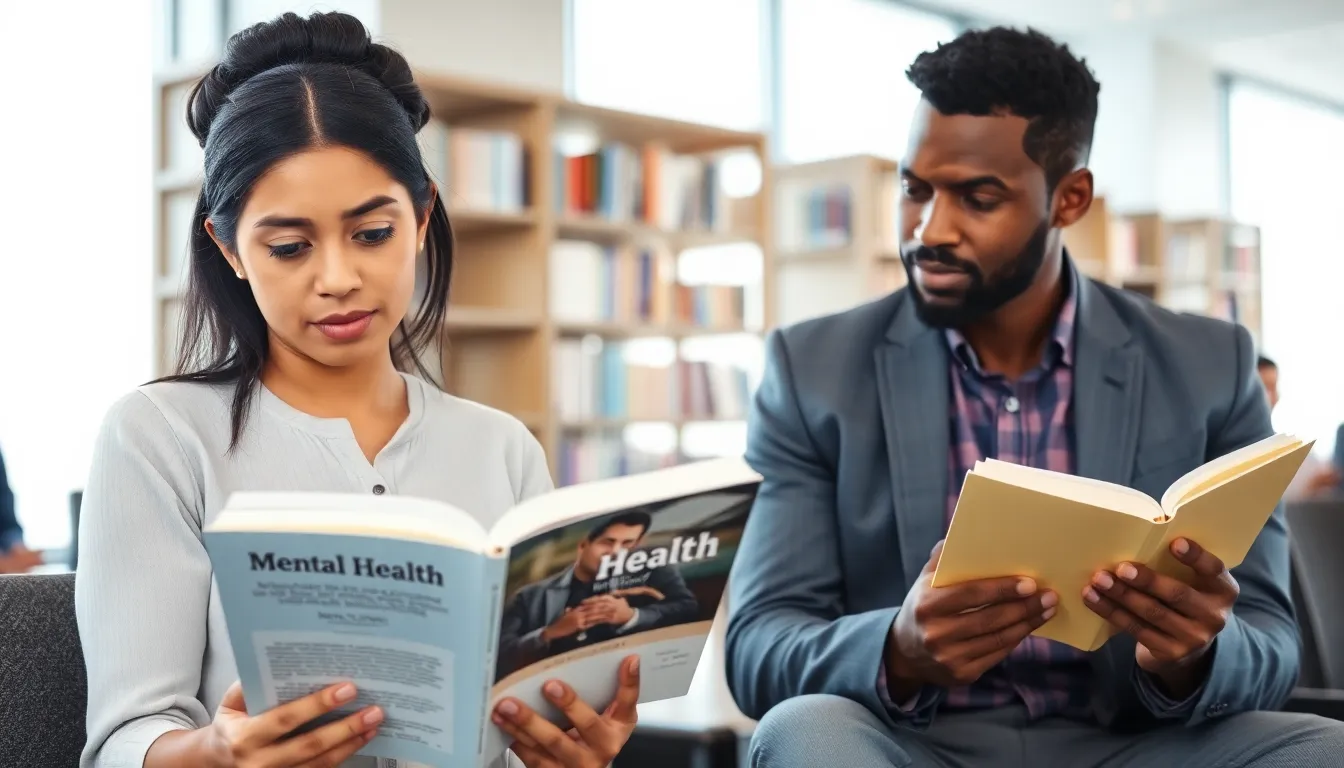 diverse group discussing mental health books in a modern library.