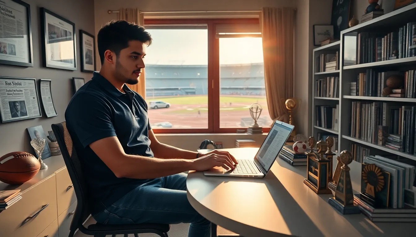 Jimmy Dominguez at his desk surrounded by sports memorabilia.
