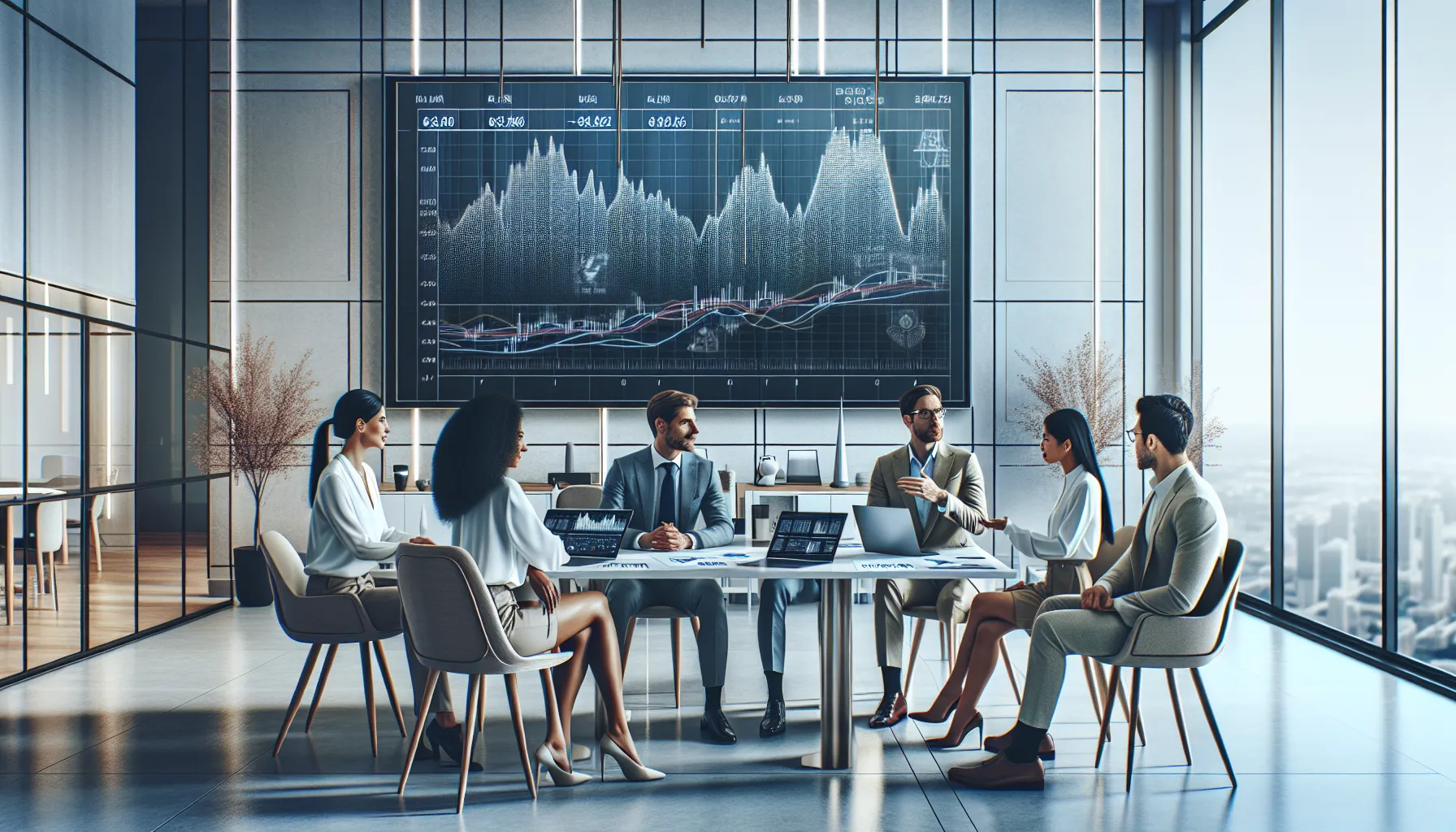 diverse financial analysts discussing net worth estimates in a modern office.