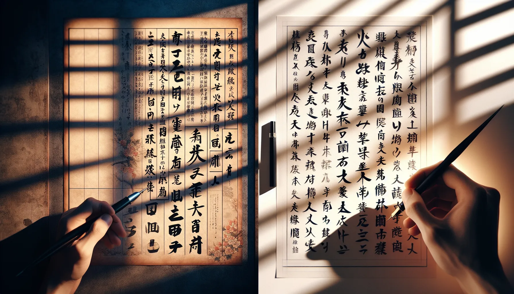 a comparison of Japanese and Chinese writing styles in a split scene