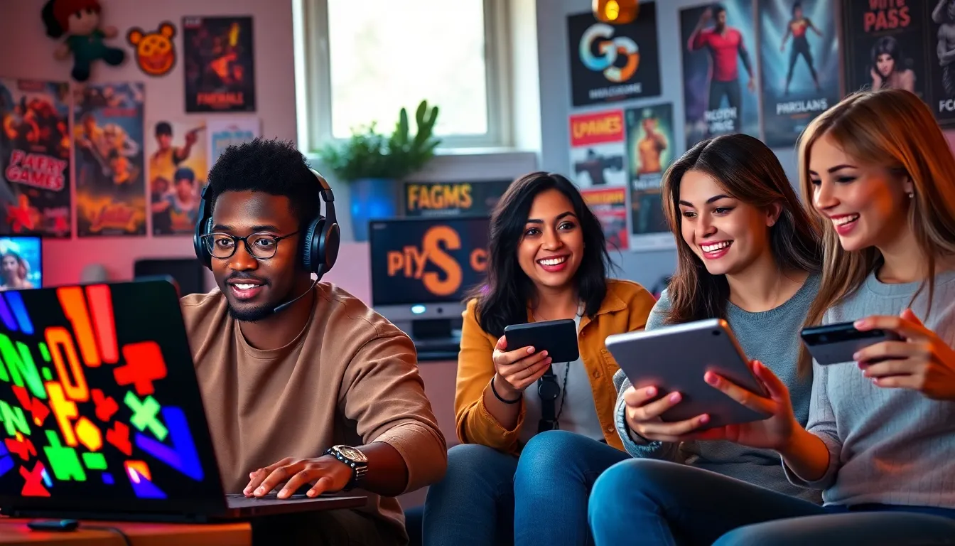 A diverse group of friends enjoying games together at a lively gaming hub.