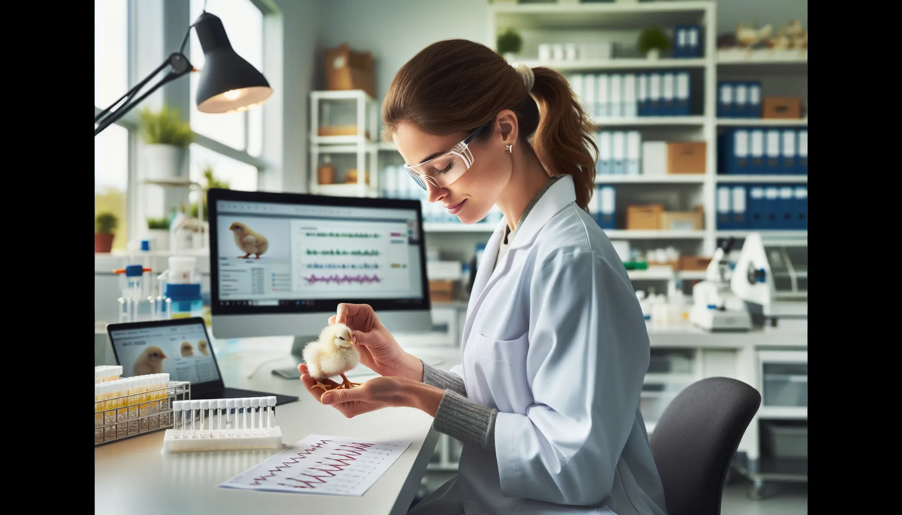 a technician performing genetic testing on a chick in a lab.
