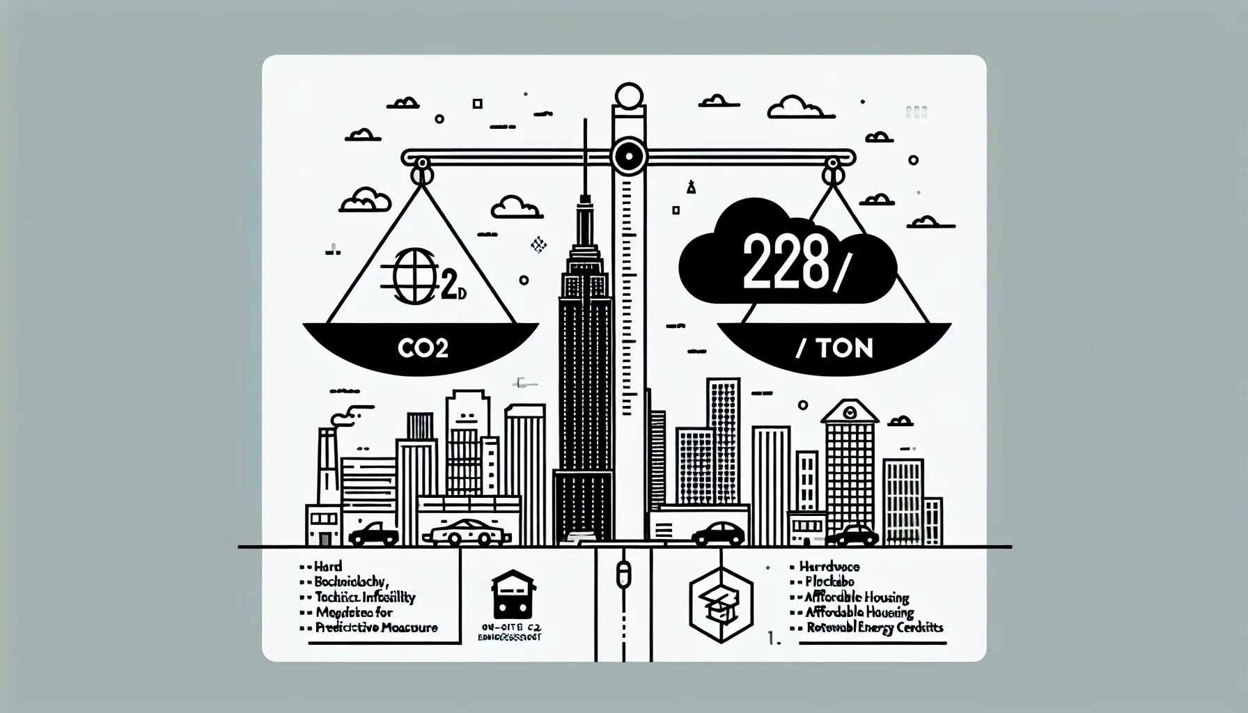 Line art of a NYC building on a scale weighing carbon penalties and compliance options.