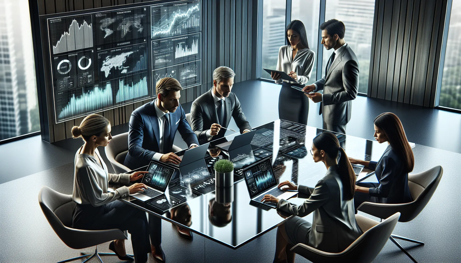 diverse finance team discussing investment strategies in a modern office.