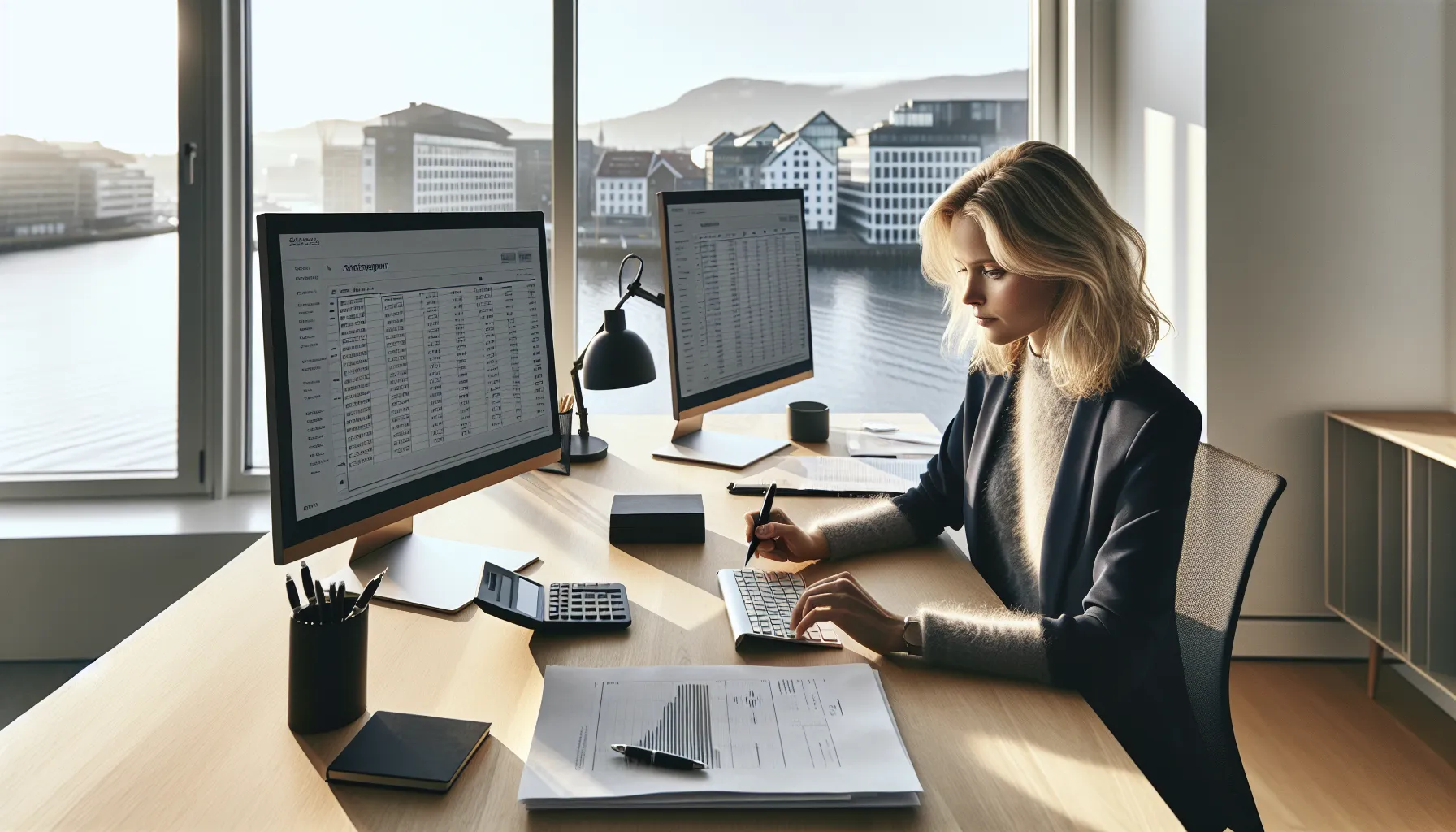 Certified norwegian accountant reviews vat and tax filings in a bright oslo office.