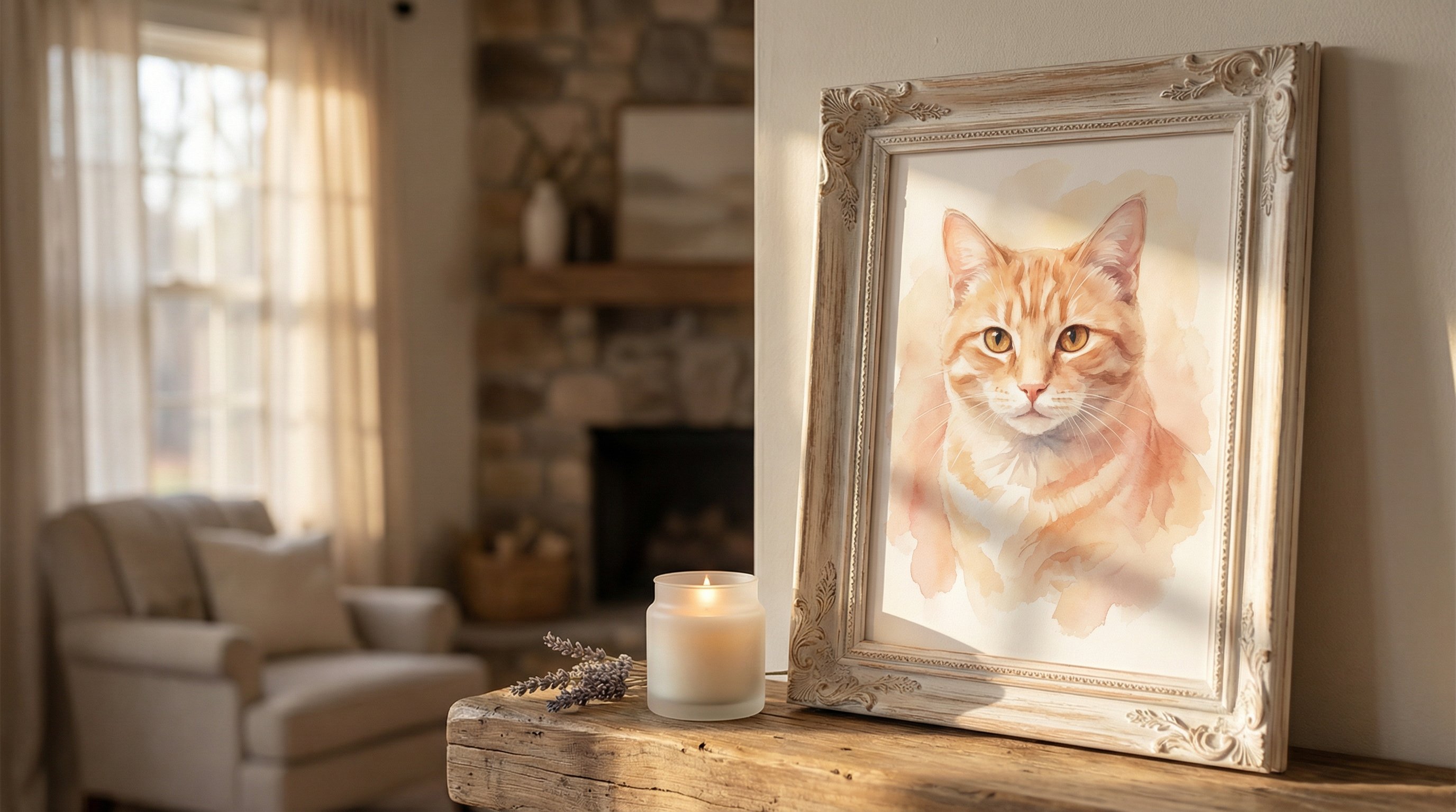 Framed watercolor cat portrait on a cozy mantelpiece with warm lighting.