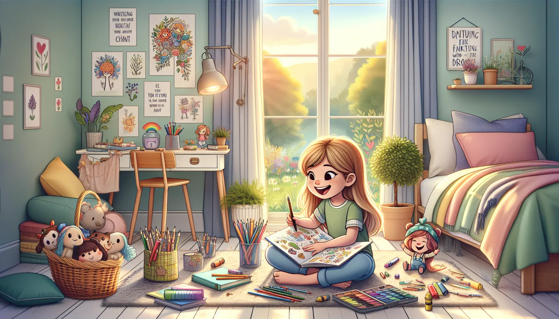 child engaging in creative activities in a sunny bedroom.