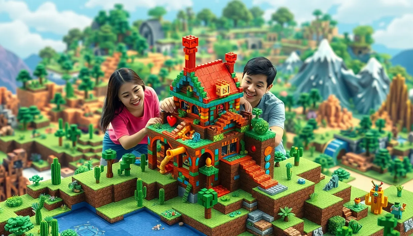 diverse players collaborating in a vibrant Minecraft landscape.