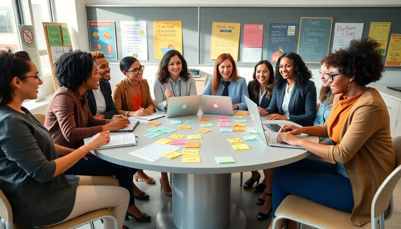 diverse teachers brainstorming side hustle ideas in a modern classroom.