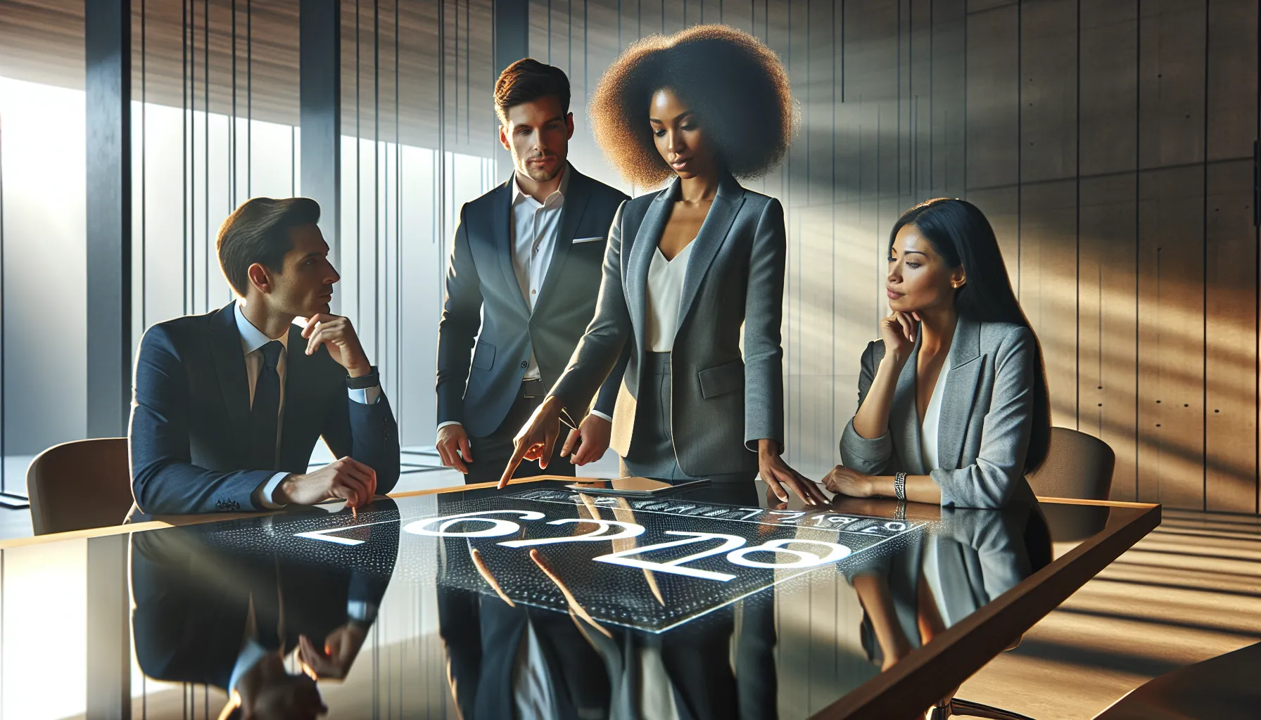 professionals discussing challenges with numerical identifier 672927042 in an office.