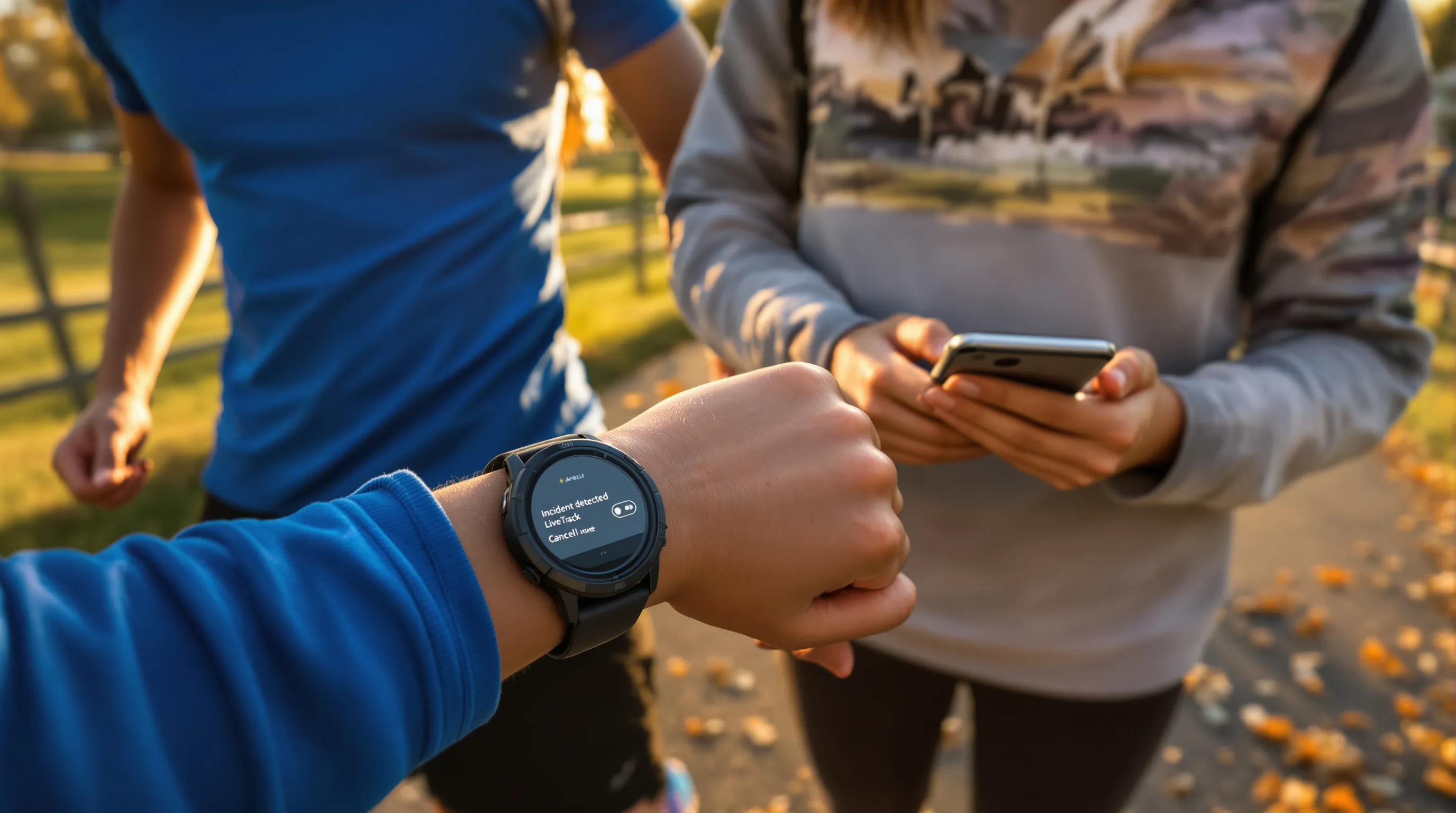 Teen tests Garmin watch safety with parent on a suburban park trail.