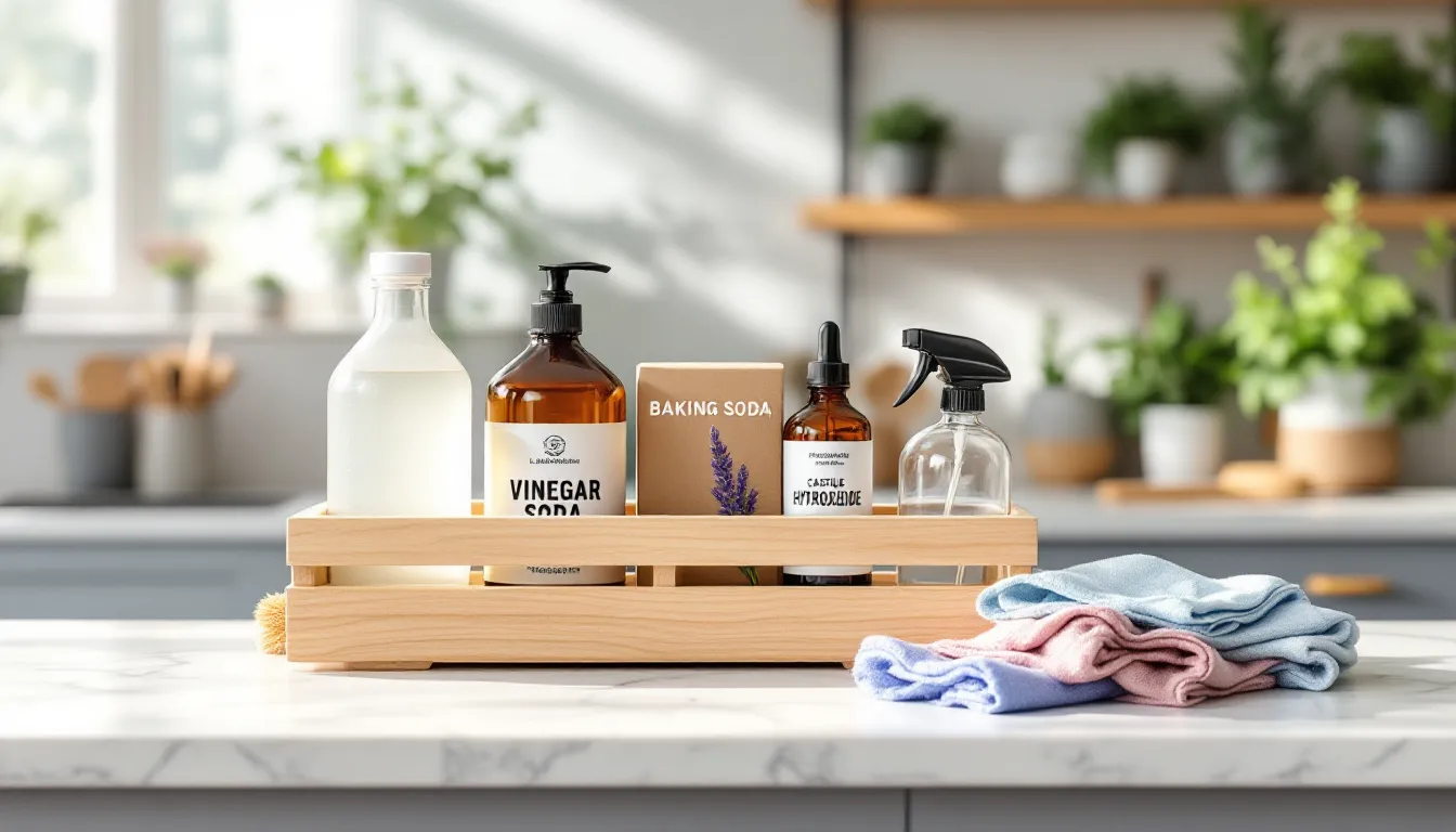 Minimal eco-friendly cleaning supplies neatly organized in a wooden caddy on a kitchen counter.