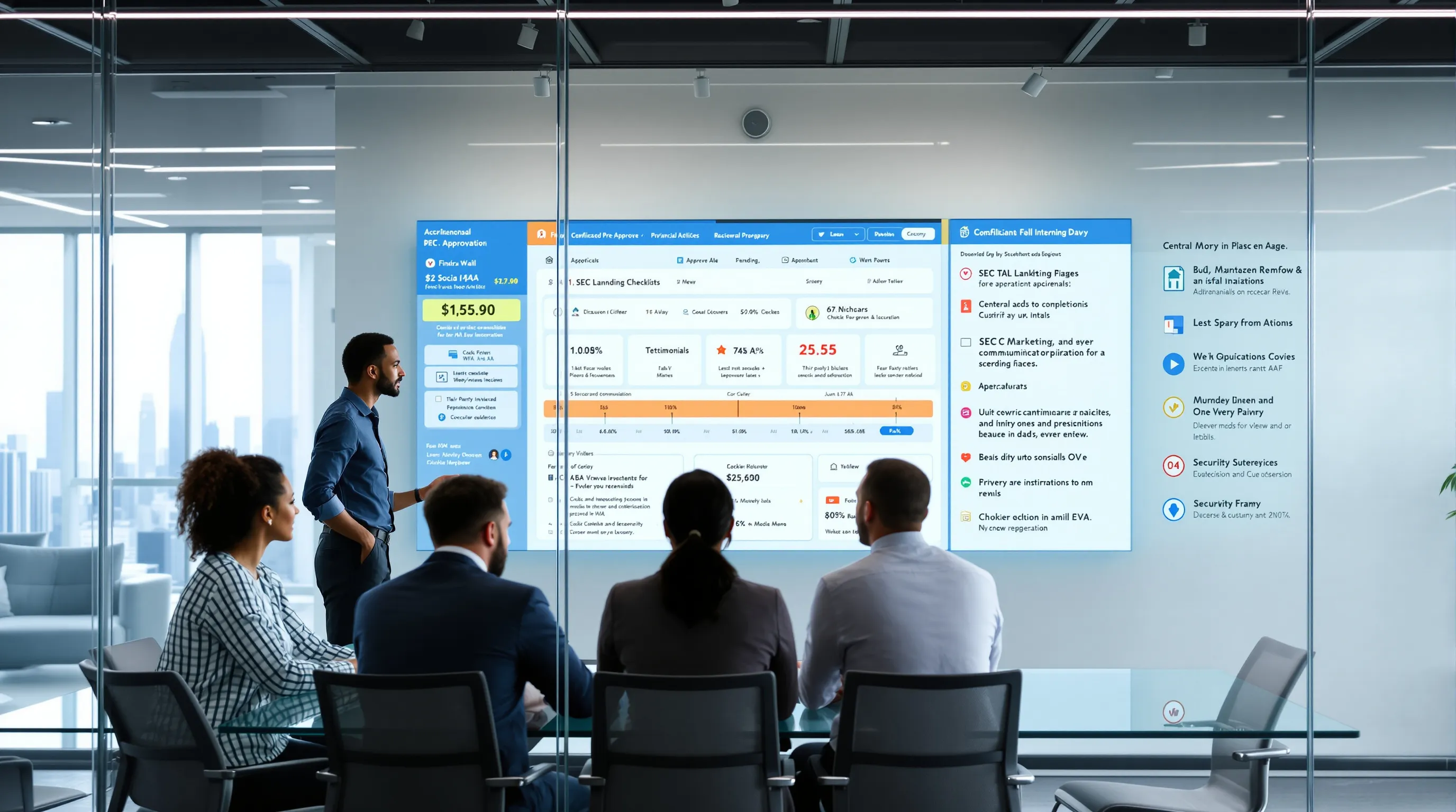 Diverse team reviewing FINRA/SEC-compliant marketing workflow dashboard in a modern U.S. office.