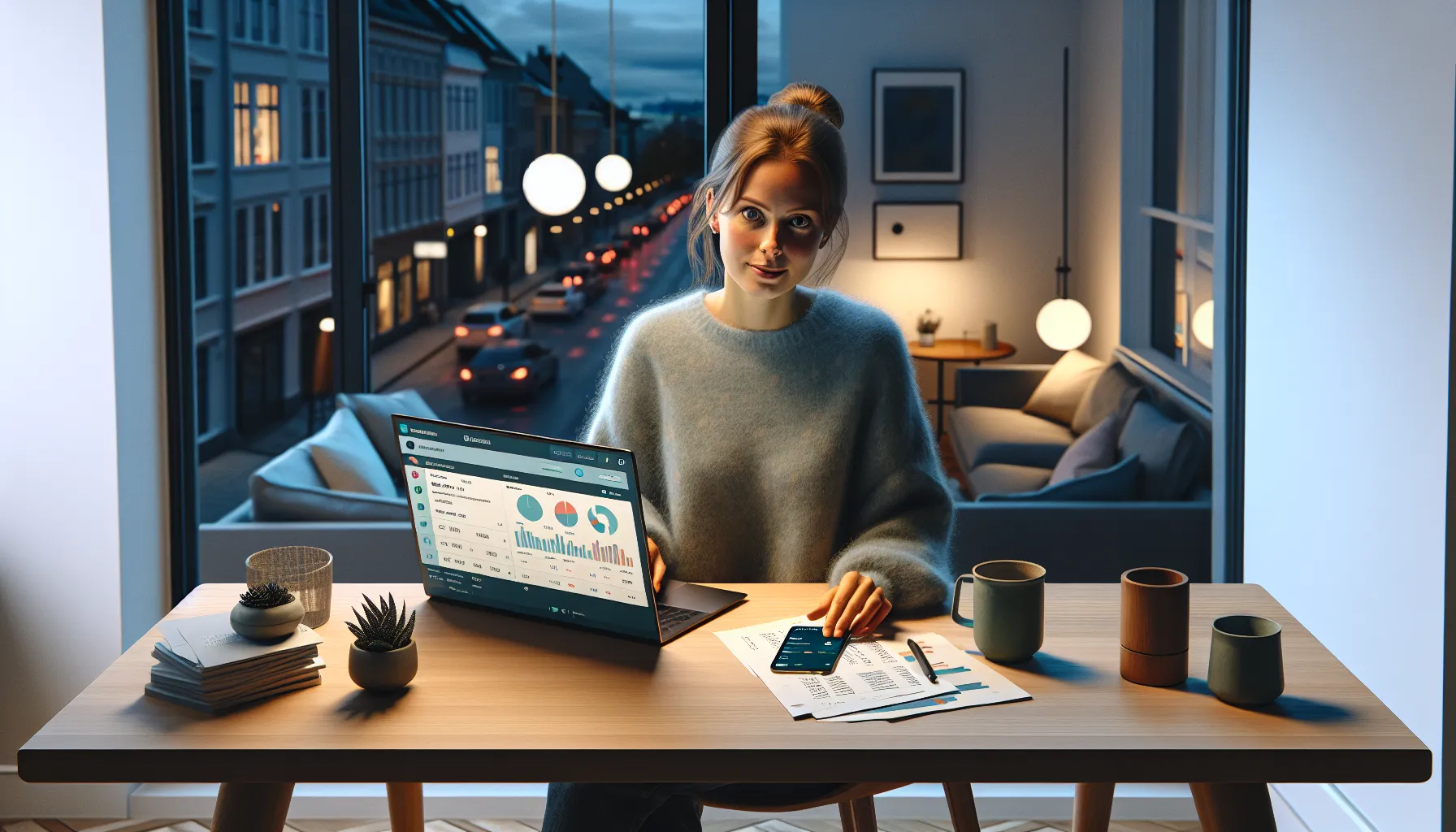 Norwegian woman using ai finance apps on laptop and phone at home.