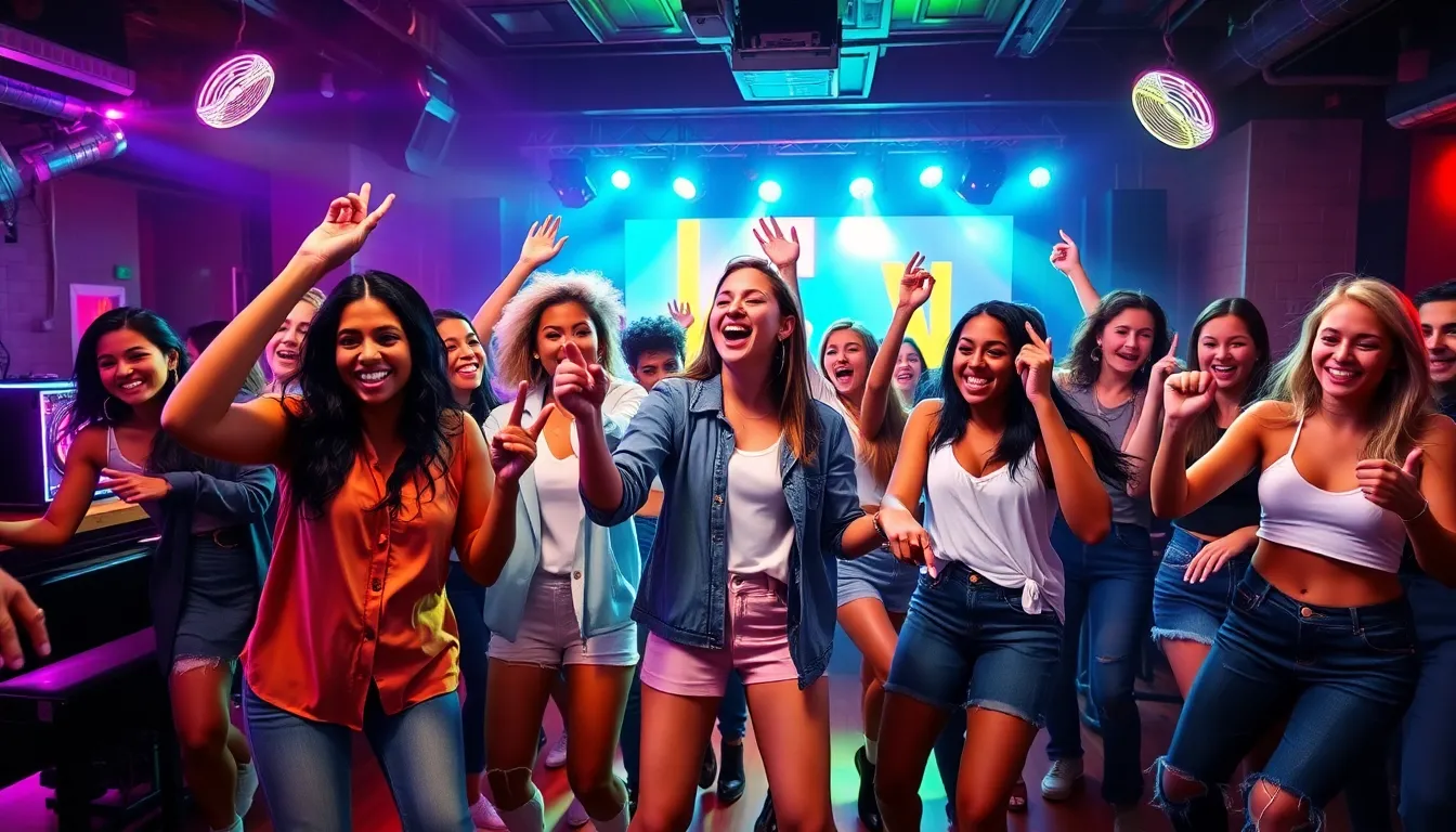 diverse group dancing at a nightclub to popular 2022 dance hits.