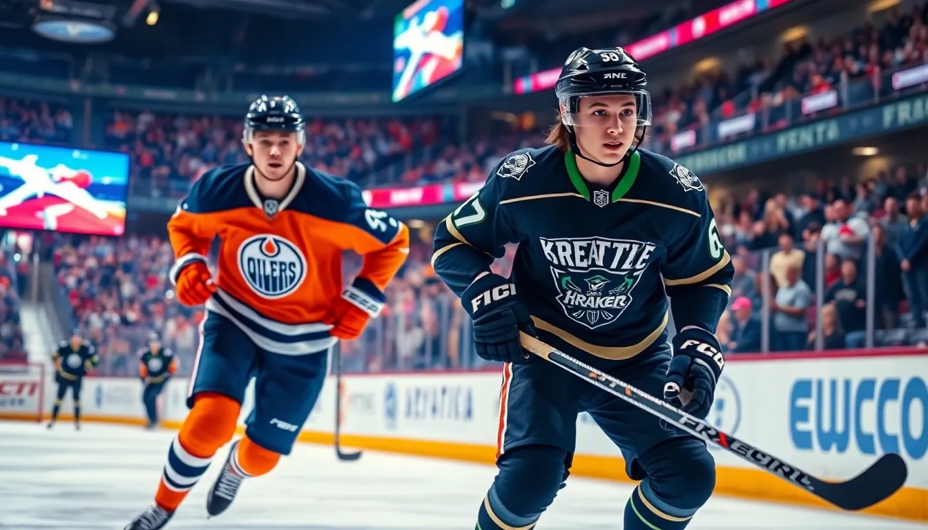 NHL game featuring Connor McDavid and rookie Matty Beniers in action.