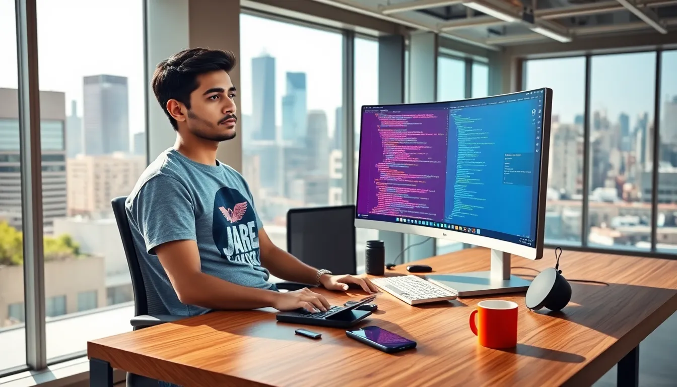 a young developer working at a modern office desk with coding on the screen.
