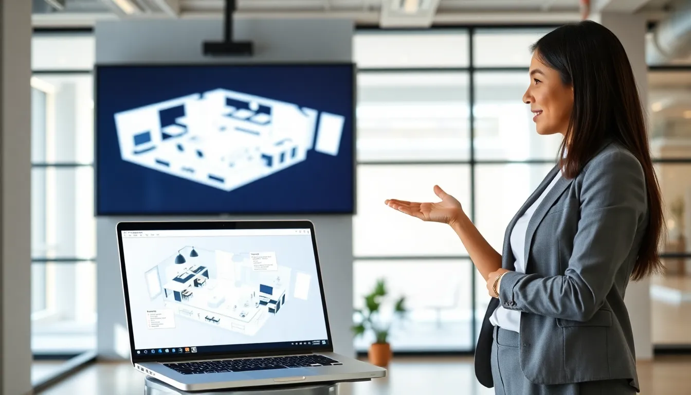 interior designer using a digital lighting layout tool in a modern office.