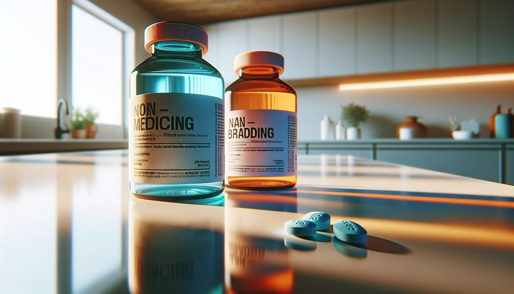 Two pill bottles of Advil and Motrin on a kitchen counter.