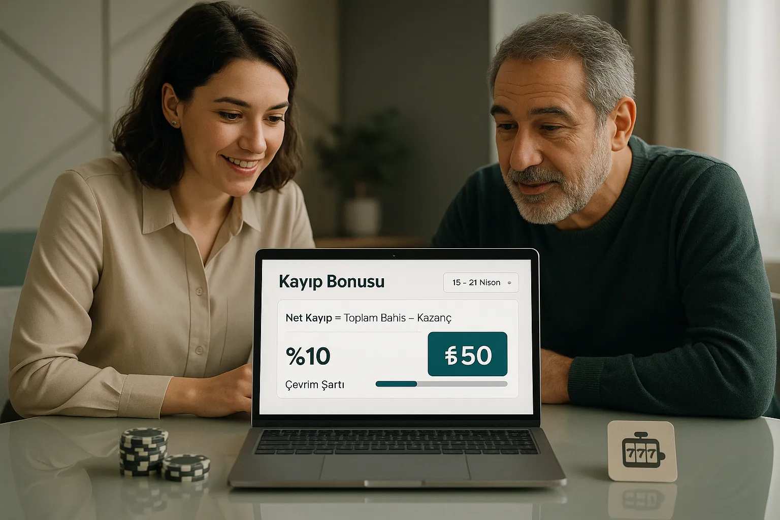 Advisor and player reviewing Raxcasino cashback calculation on laptop.