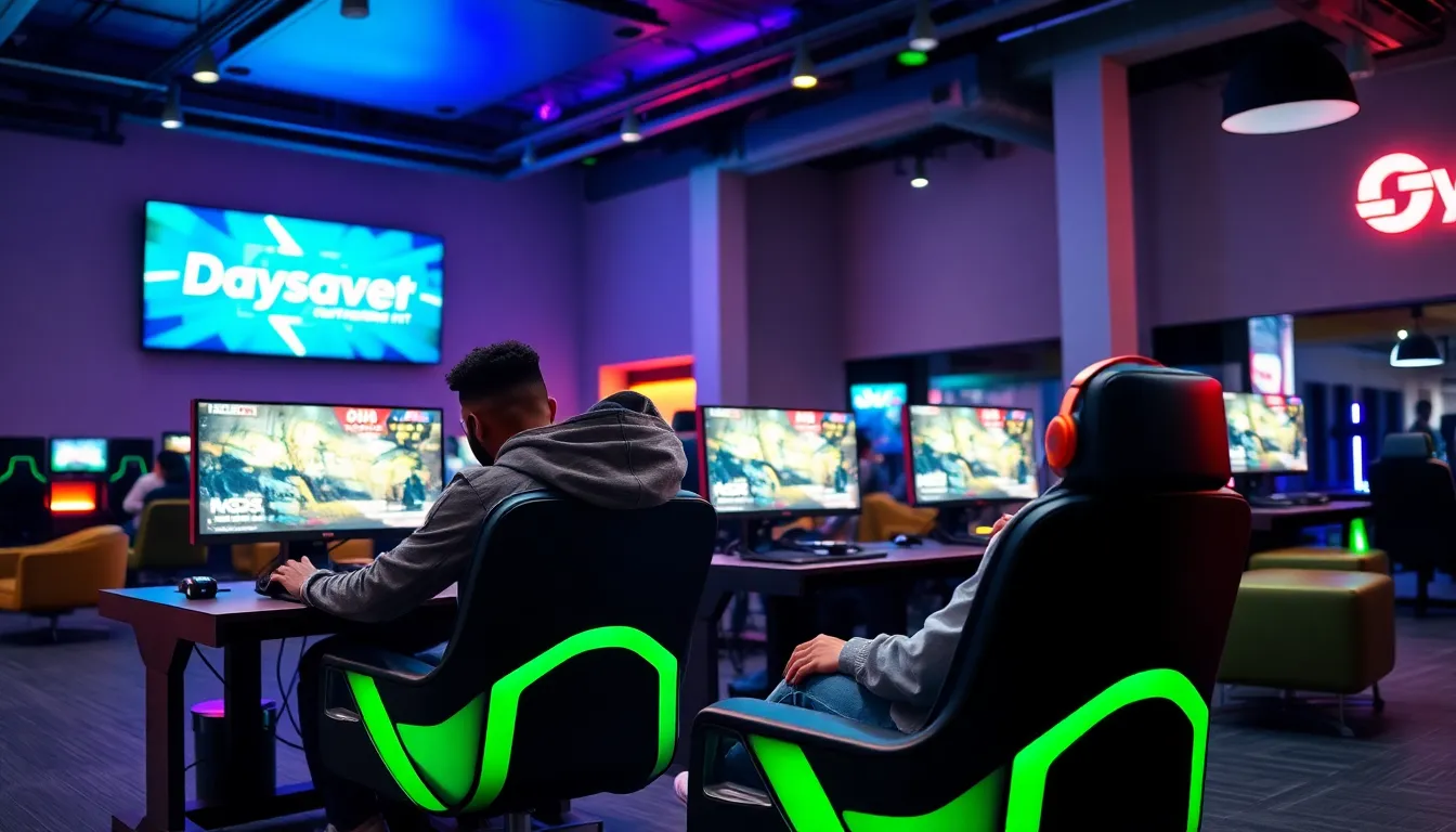 diverse gamers enjoying high-end setups in a modern gaming lounge.