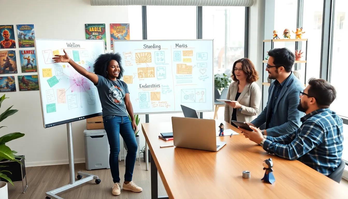 A diverse group of game developers collaborating in a modern office.