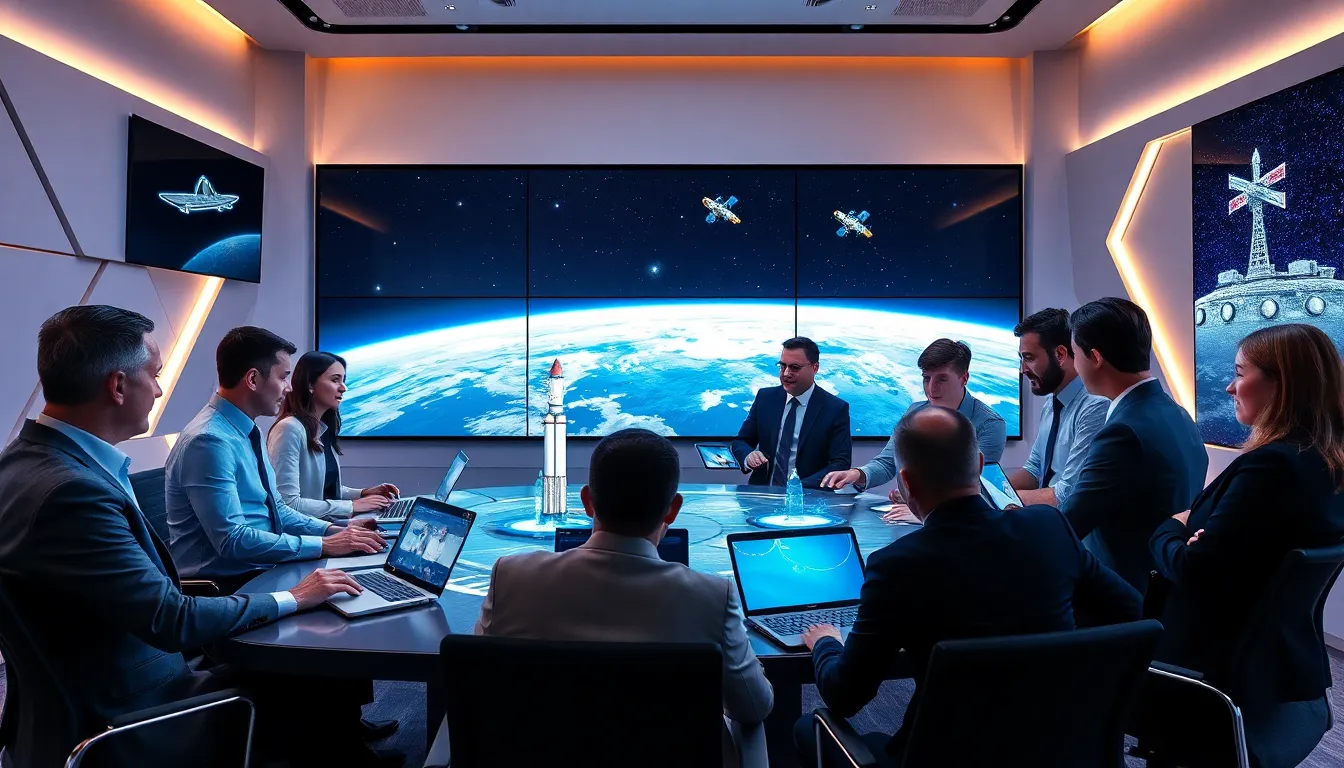 diverse team discussing space technology in a modern control room.