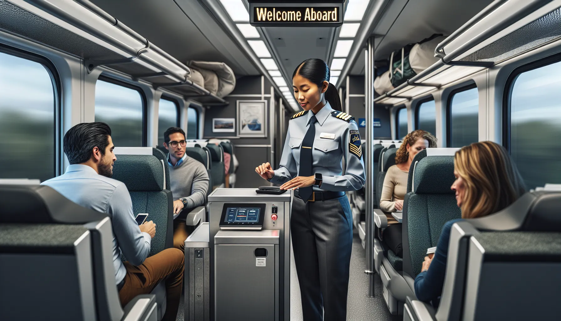 railway conductor checking tickets in a modern train compartment.