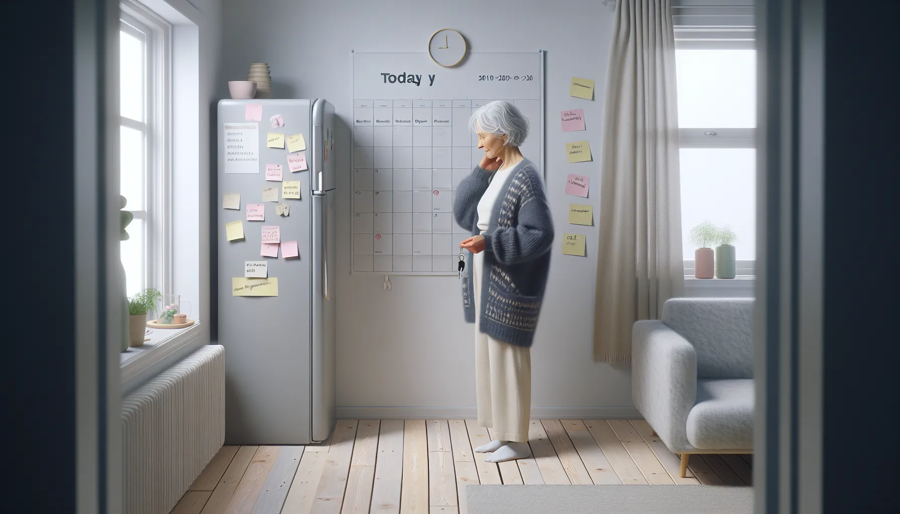 Elderly norwegian woman puzzled by calendar and reminder notes in sunlit kitchen.