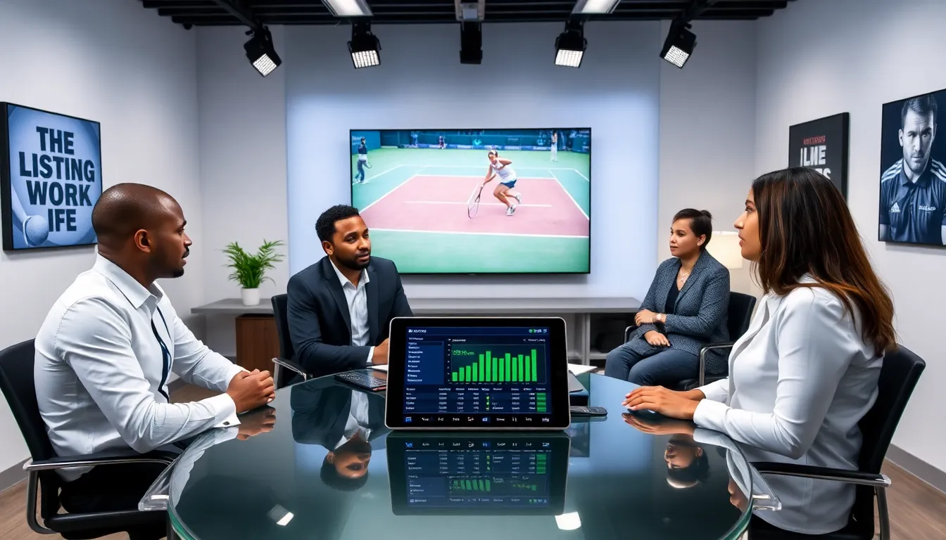 diverse sports analysts discussing tennis coverage in a modern newsroom.