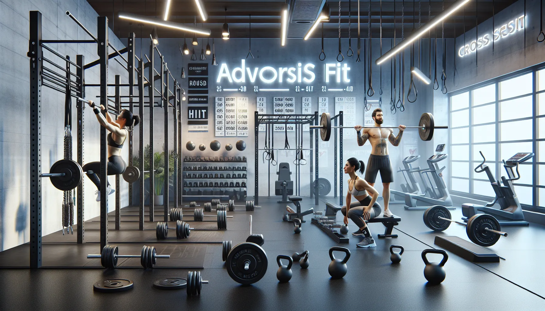 A gym with CrossFit and HIIT equipment and individuals exercising.
