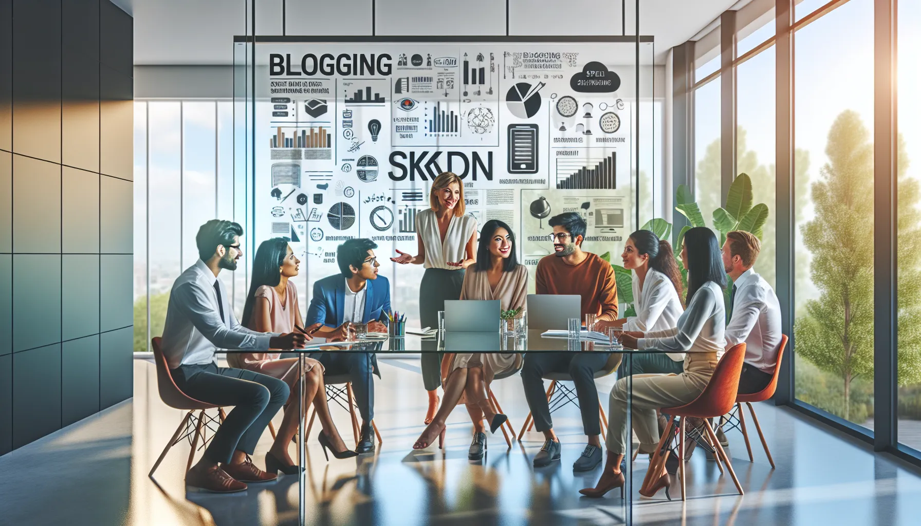 diverse team collaborating on engaging blog content in a modern office.