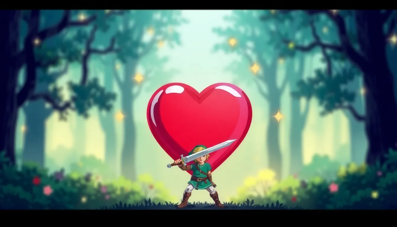 Zelda heart container with a character ready for adventure.