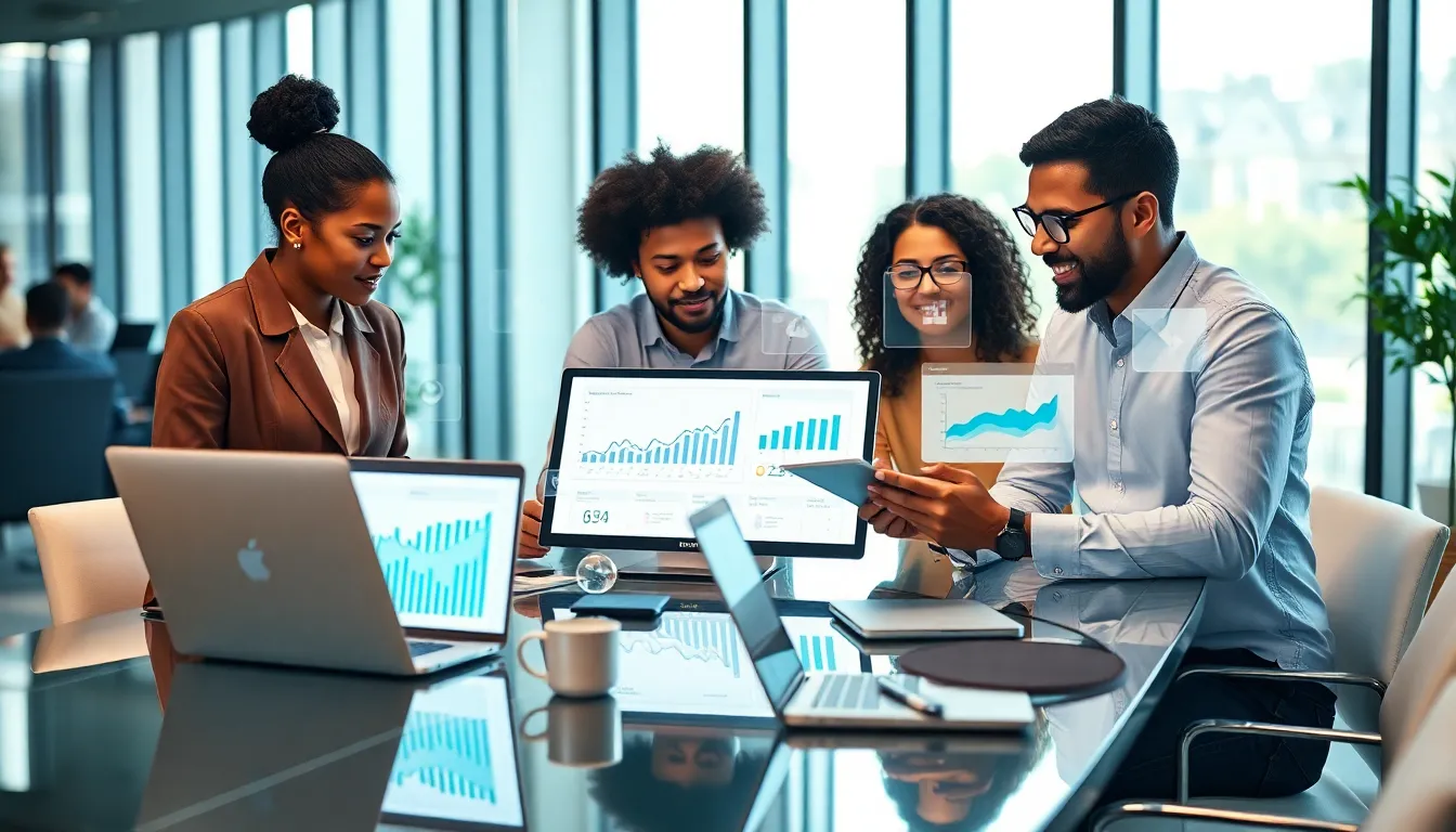 diverse team collaborating in a modern office on software applications.