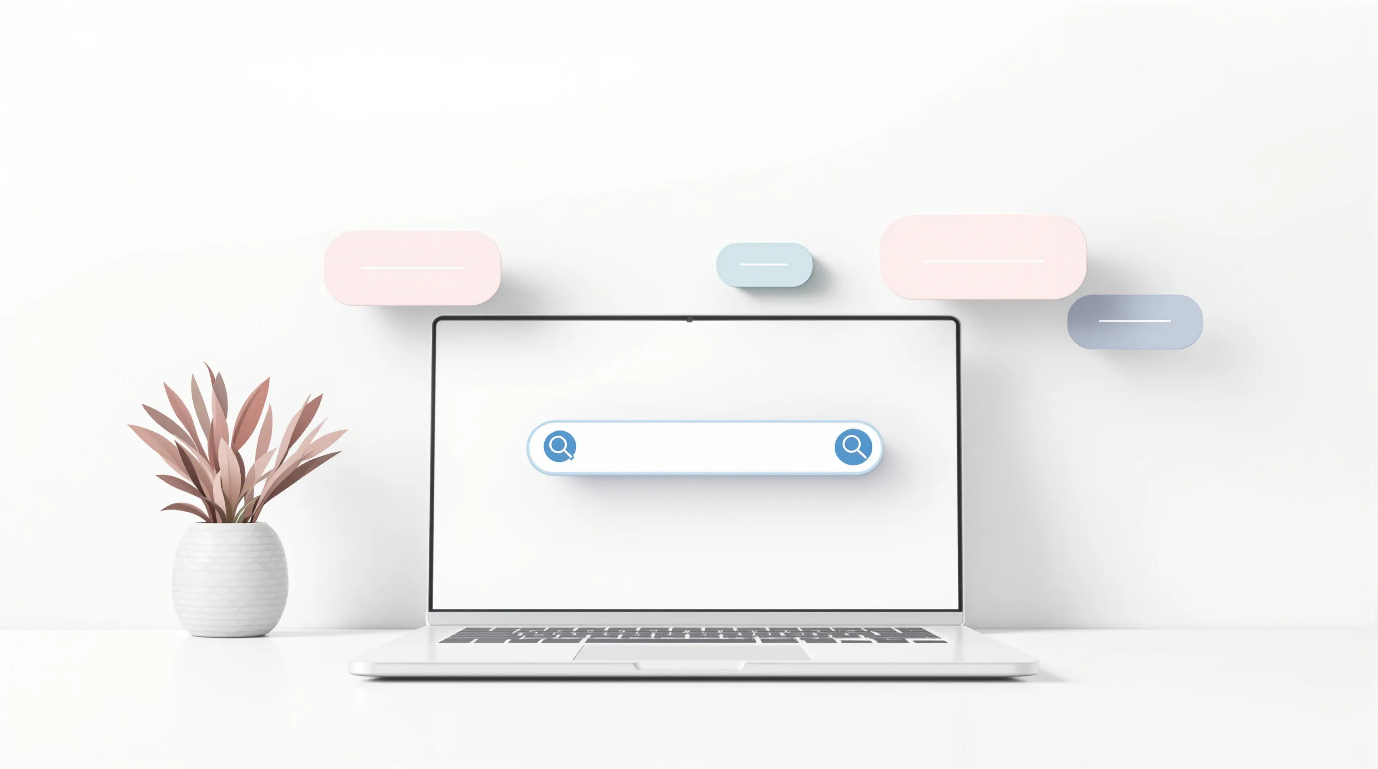 Laptop showing search bar connected to floating keyword bubbles