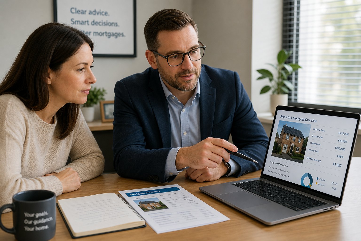 Close view of a mortgage advisor and client reviewing commercial property figures on a laptop.
