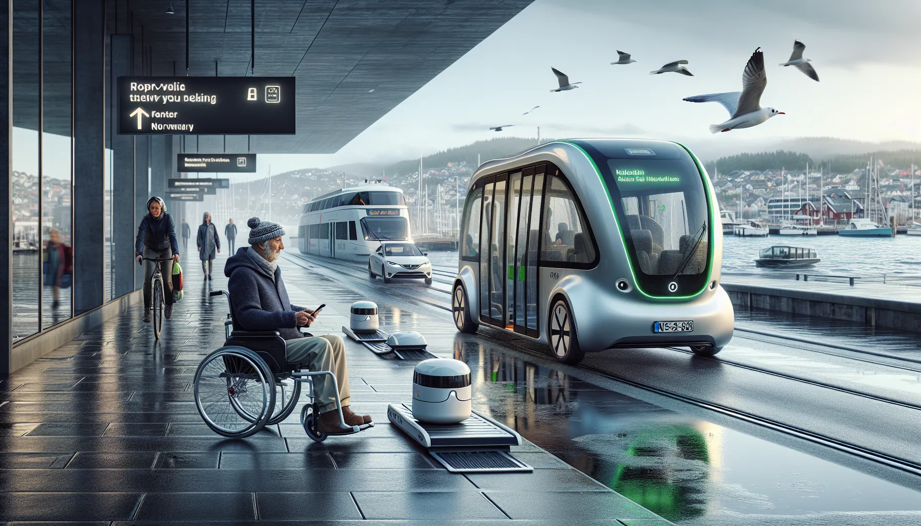 Autonomous minibus with ramp at Stavanger hub, integrating train, ferry, and bikes.