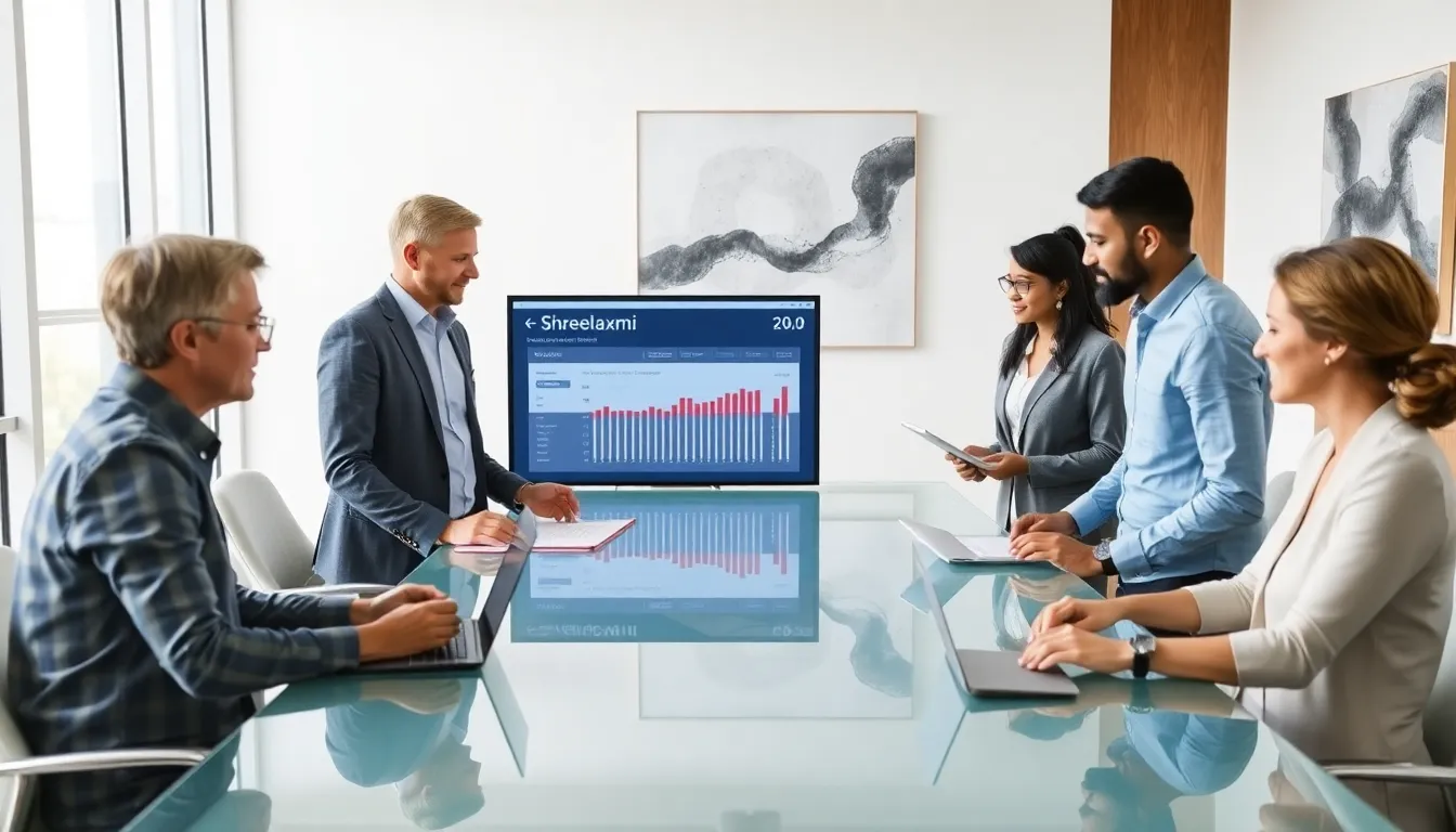 diverse professionals analyzing Shreelaxmi results in a modern office.