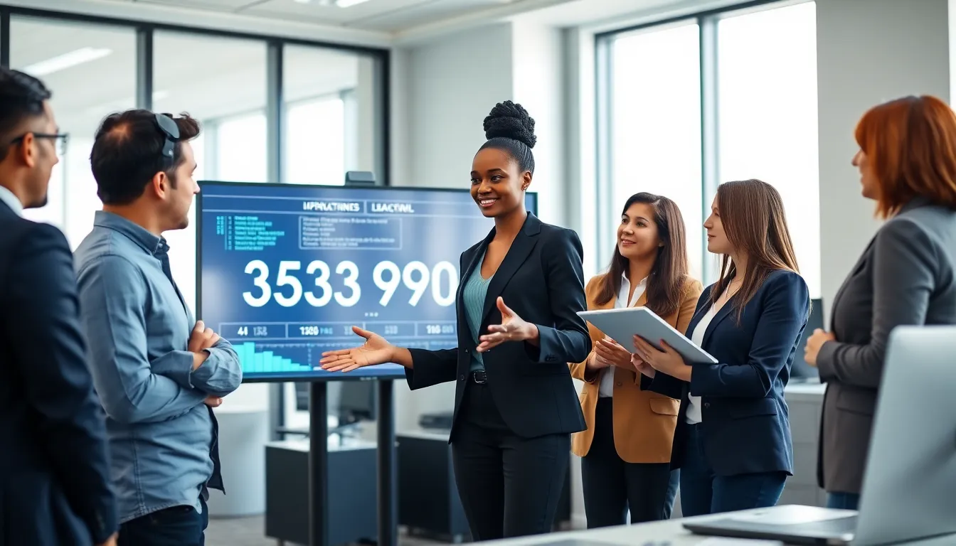 diverse professionals discussing data in a modern office.