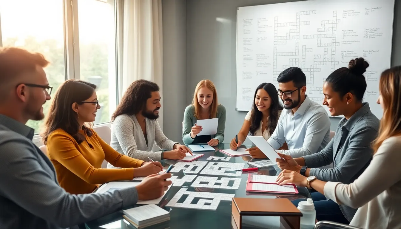diverse team solving crossword puzzles in a modern workspace.