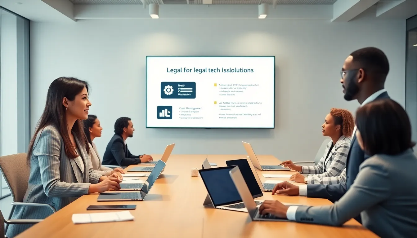 diverse legal professionals discussing legal tech solutions in a modern office.