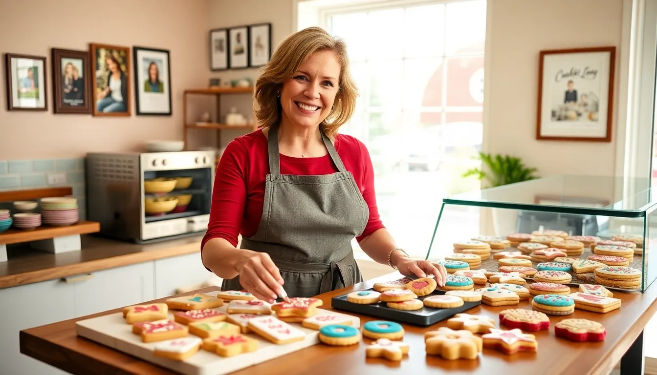 bakery owner decorating cookies in a cozy shop.
